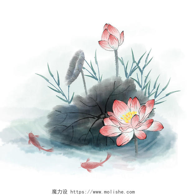 中国风水墨荷花夏天节气原创素材元素插画